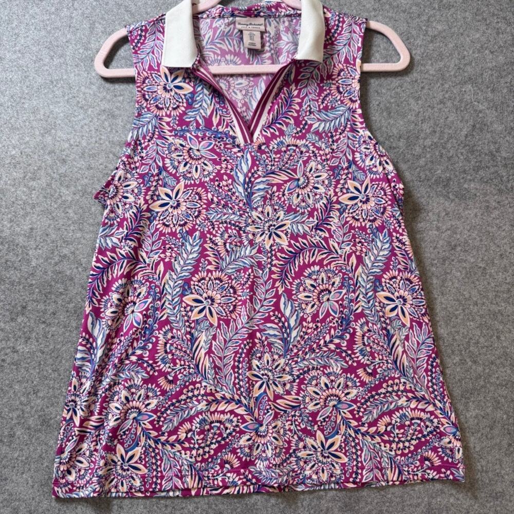 Tommy Bahama Golf & Tennis Women's Large Sleeveless Polo Top Pink Floral Stretch